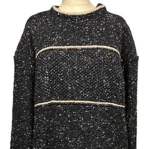 Oisin Ban Irish Donegal Wool Black Drk Grey Roll Neck Fisherman Sweater Size XL